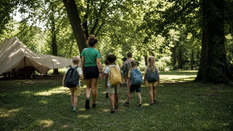 Kids and camp counselor walking through a park in Amsterdam during a holiday day camp