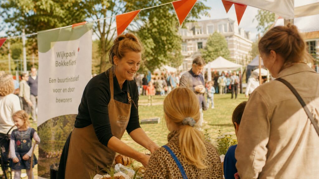 Families at an outdoor children’s festival stall