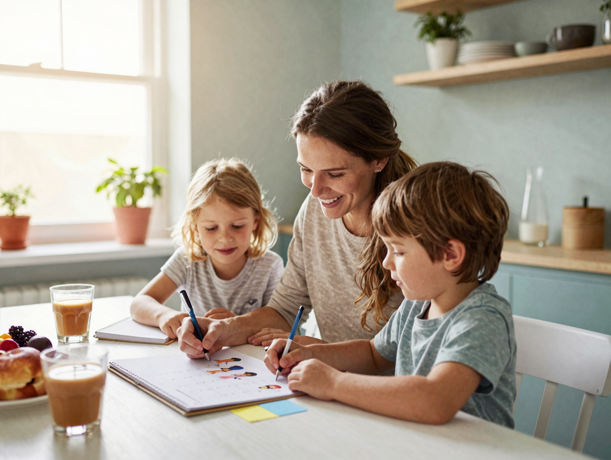 Mother and two children planning their weekend together at the breakfast table