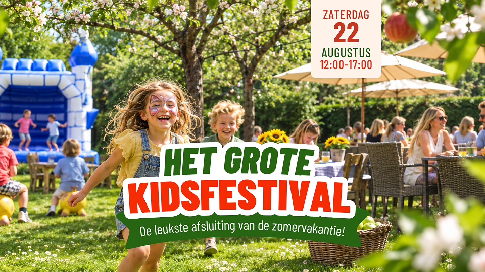 Het Grote Kidsfestival poster showing children playing on the lawn at Landgoed Oud Poelgeest, with the date Saturday 22 August, 12:00 to 17:00