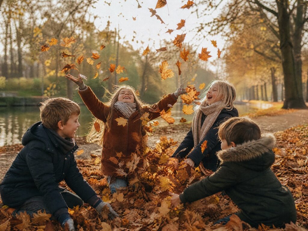 Children throwing golden autumn leaves in the air in a Dutch park during the herfstvakantie