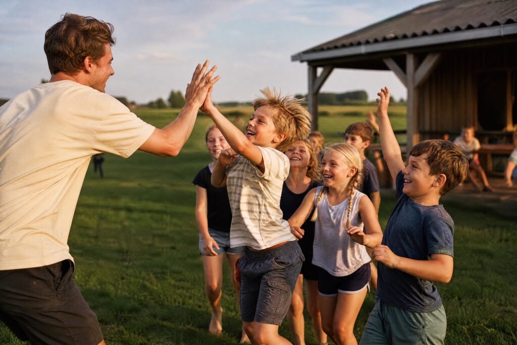 A camp leader high-fiving a group of cheering children at the end of a summer camp day