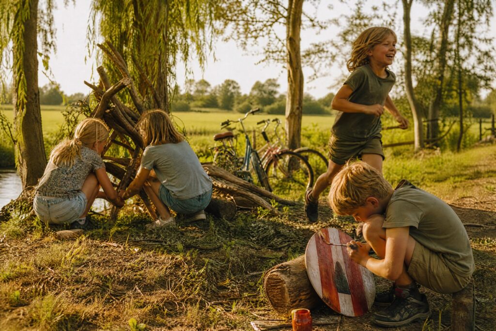 Children building a den and painting a wooden shield at an outdoor holiday camp in the Dutch countryside