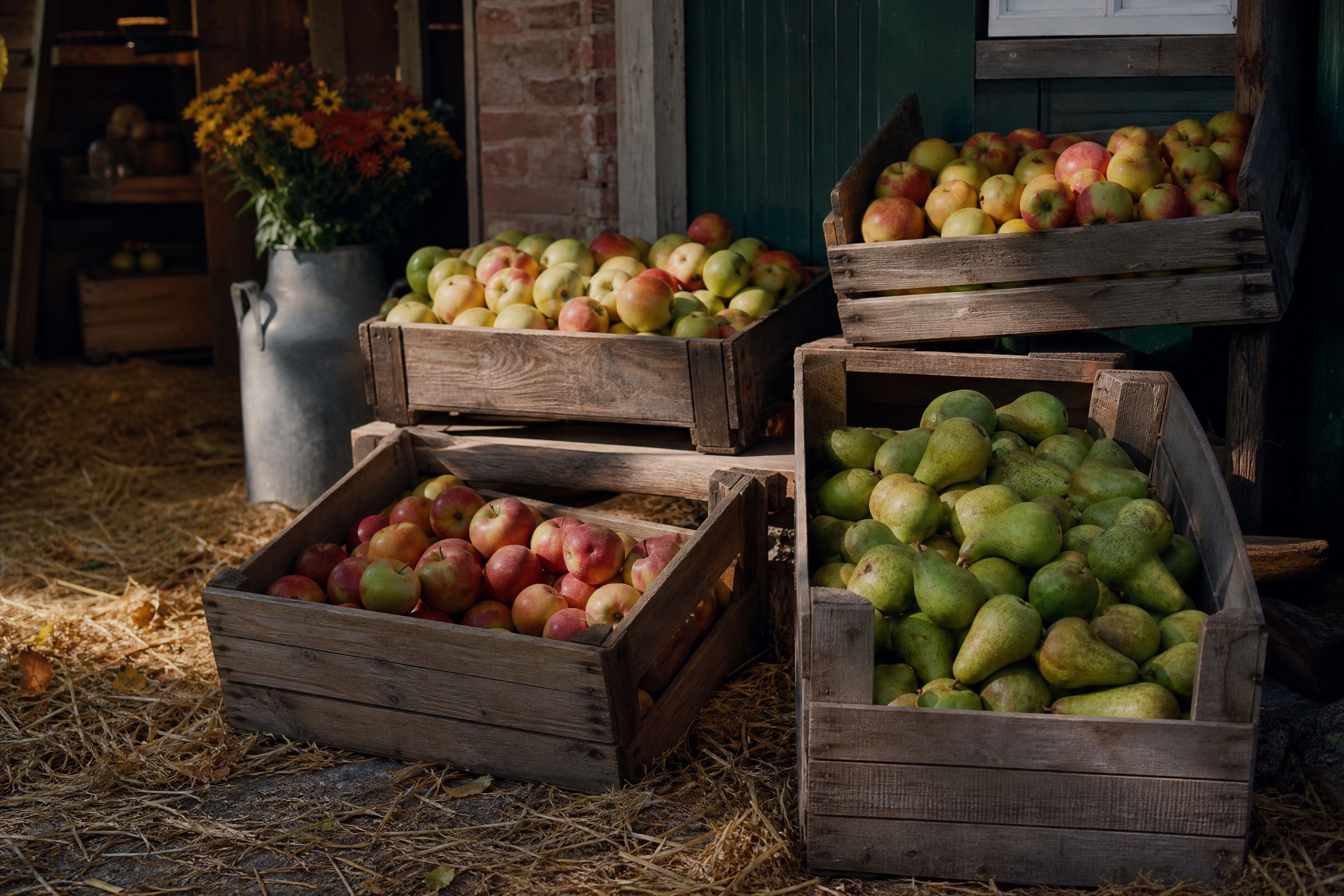 Wooden crates of freshly picked apples and pears at a Dutch farm shop