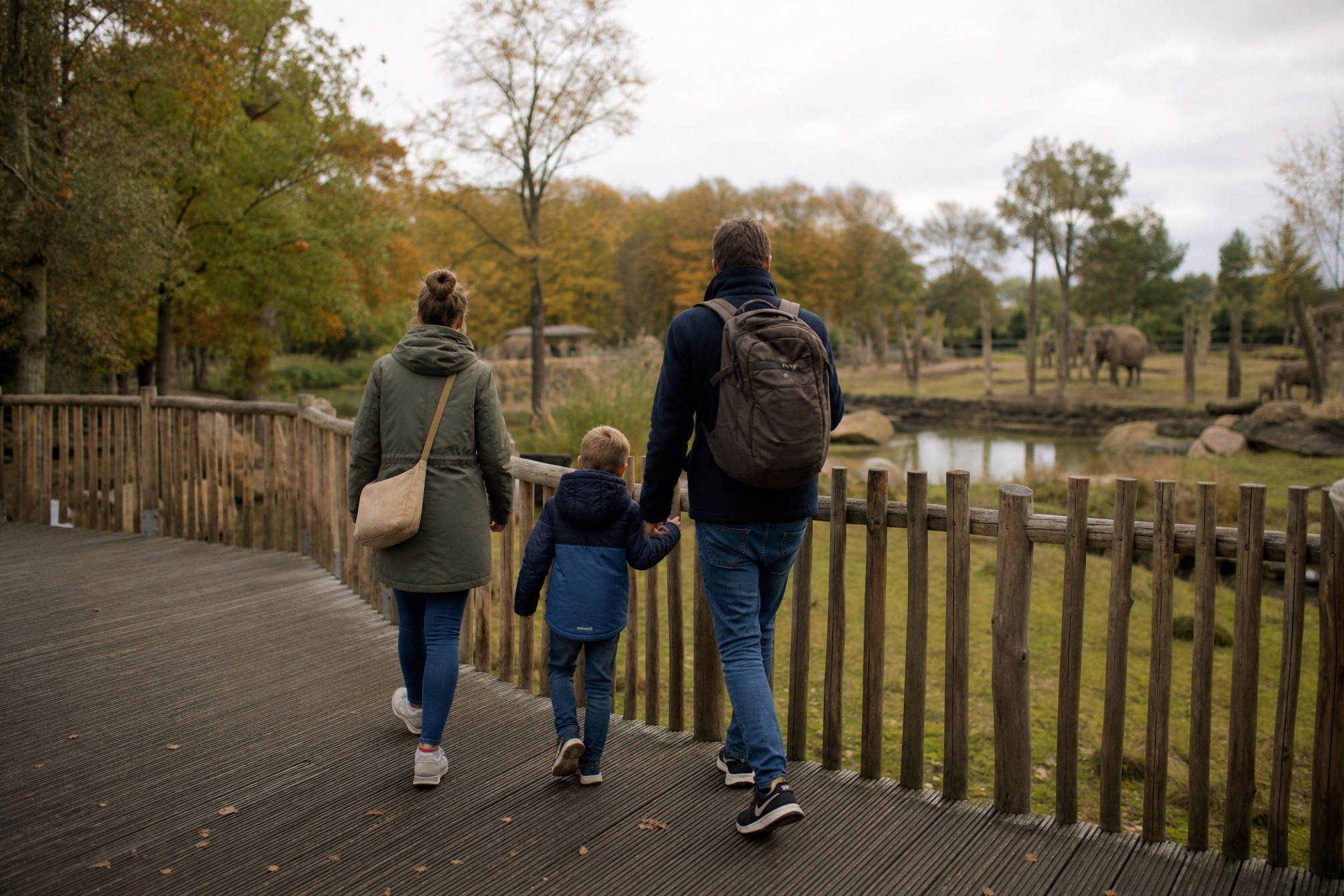 Family walking a zoo boardwalk during the autumn school break 2026 in the Netherlands