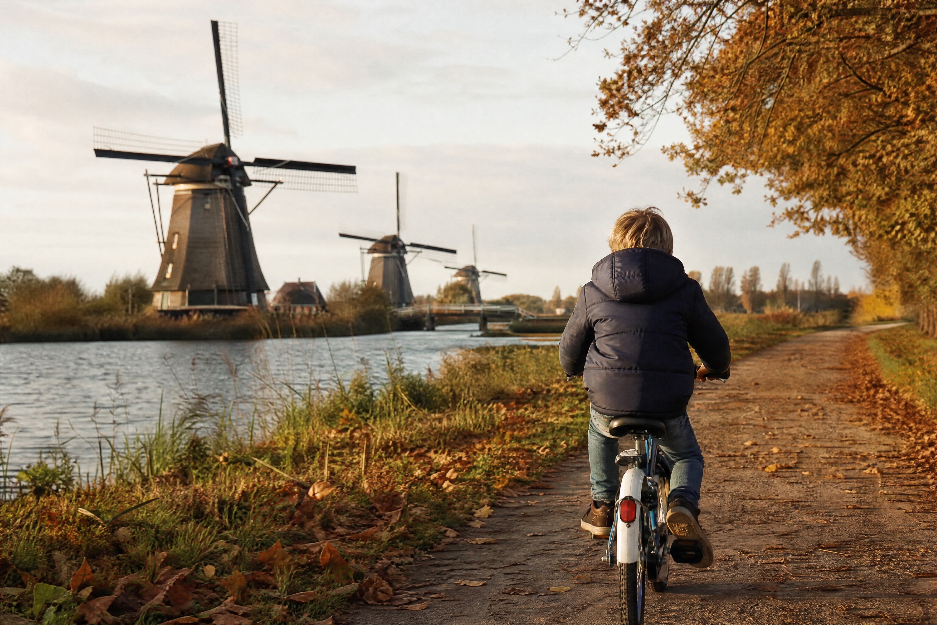 Child cycling past traditional Dutch windmills during autumn school break 2026