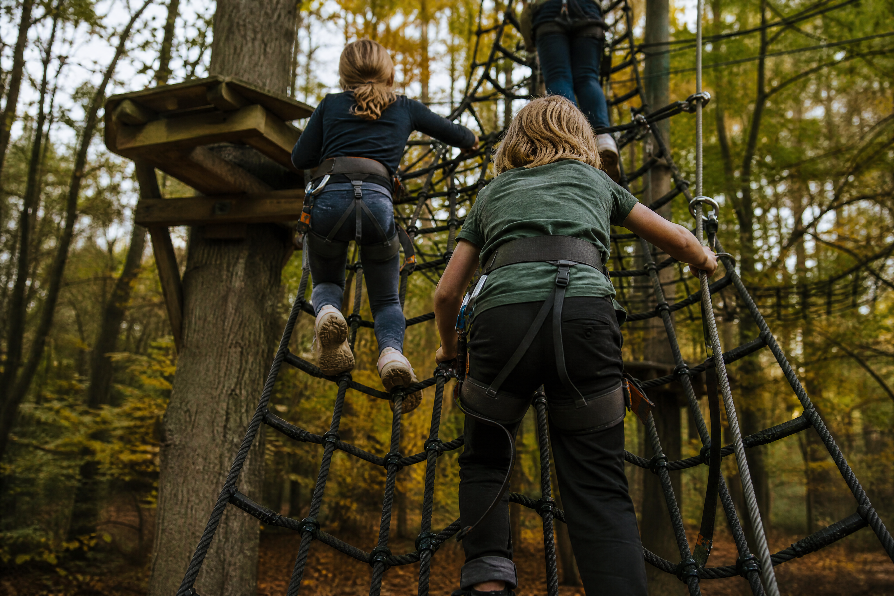 Kids climbing a rope course outdoors, an active birthday party idea for ages 7 to 9