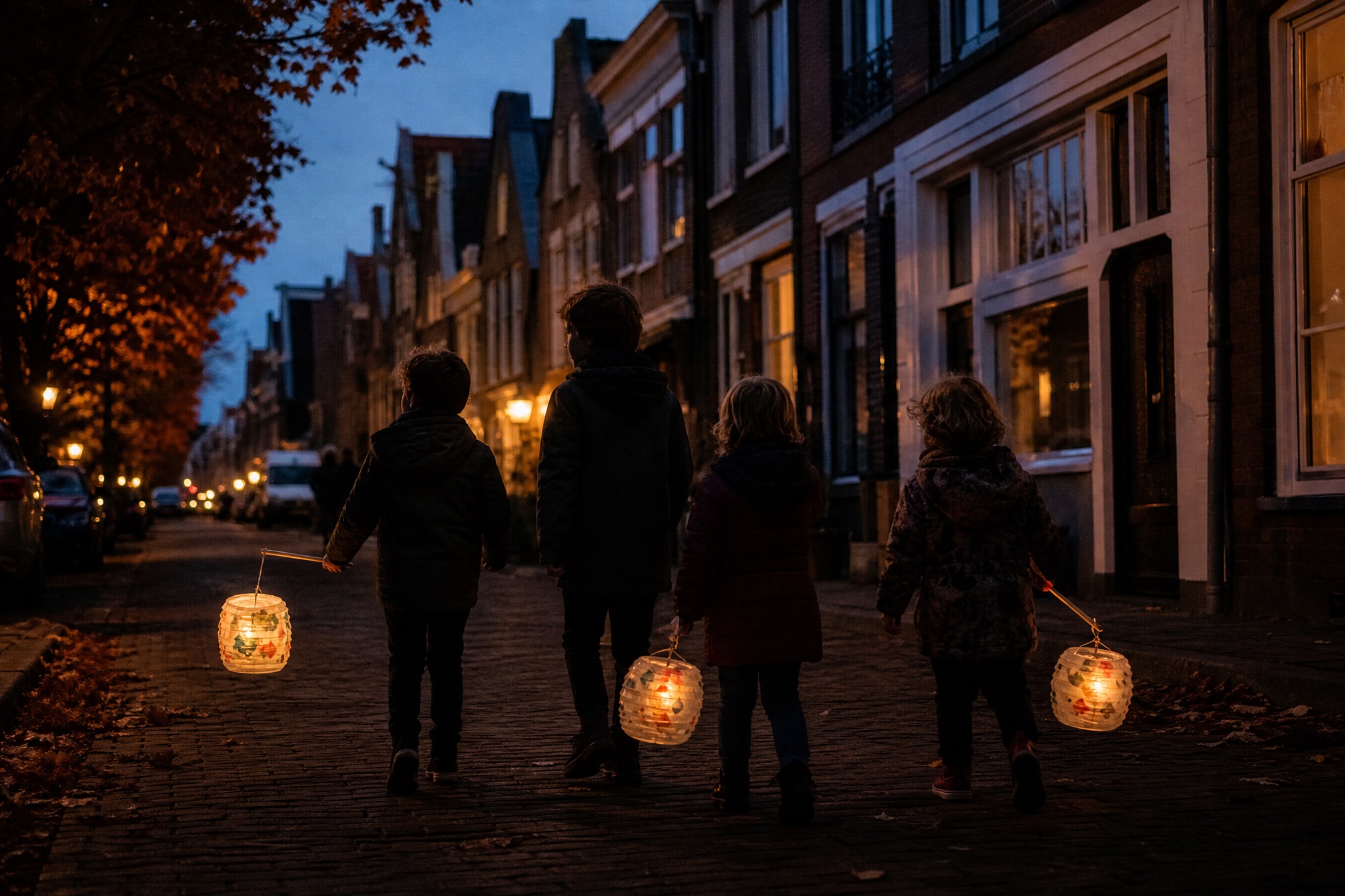 Children walking with lit paper lanterns on a Dutch street for Sint Maarten