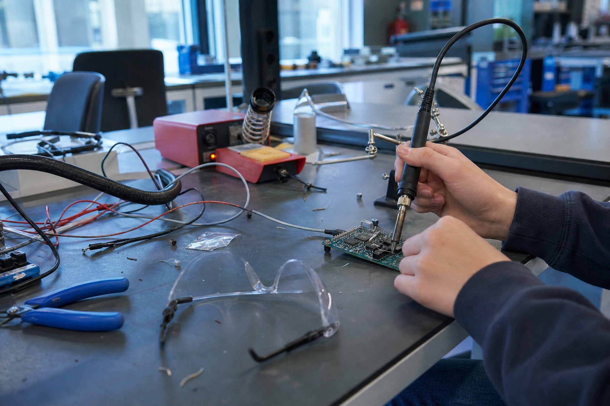 Child soldering a circuit board at an engineering birthday party workshop