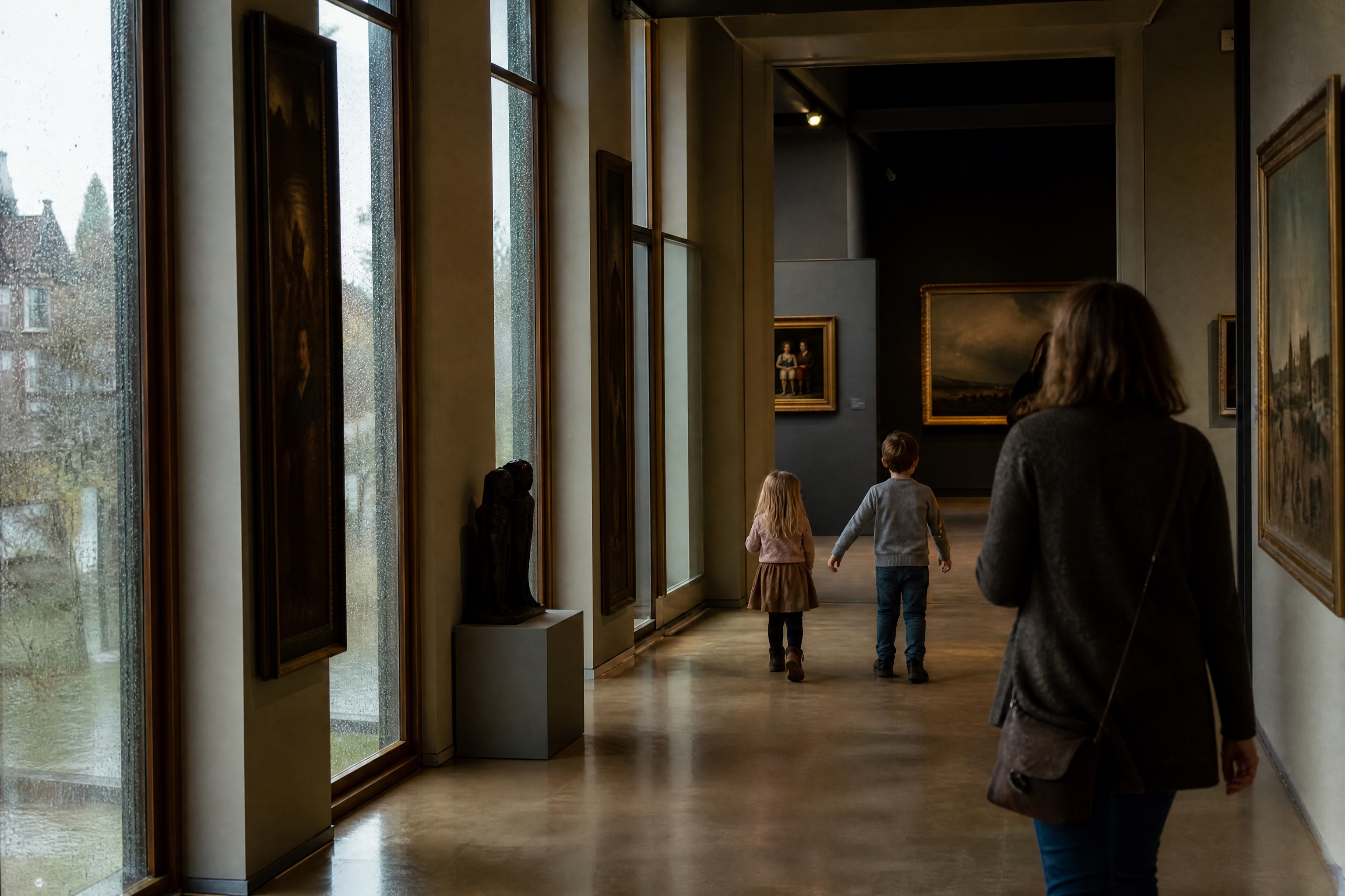 Children walking through a quiet Dutch museum gallery on a rainy day