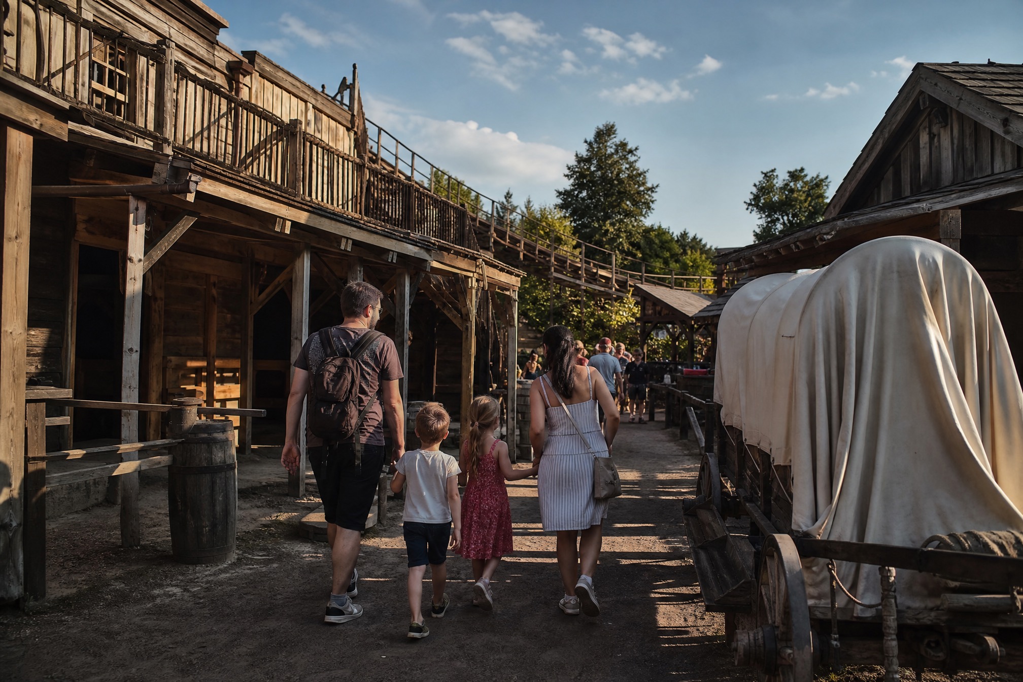 Family walking through a Wild West themed area at a Dutch amusement park
