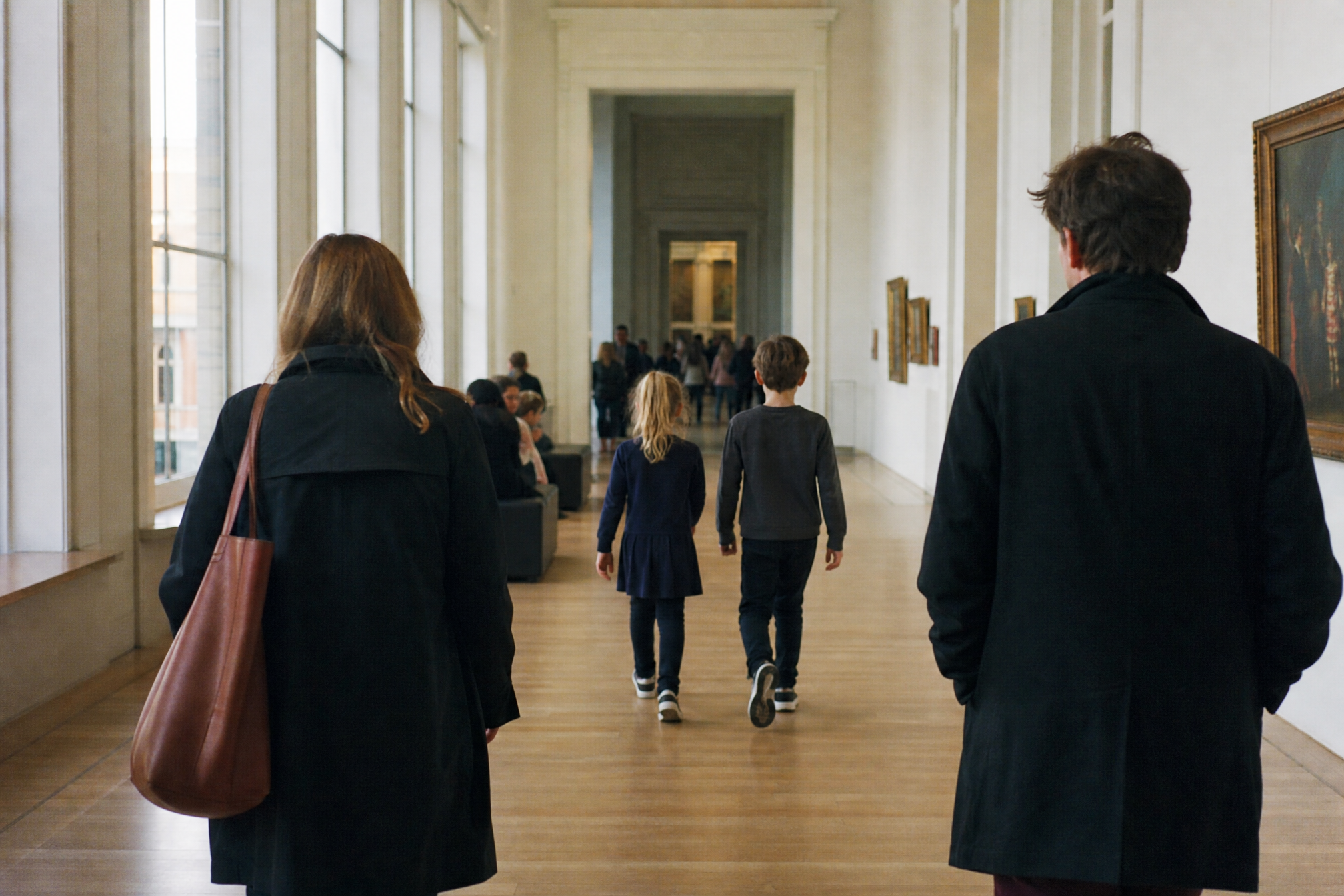 Kids walking through a museum gallery hallway with free entry for children in the Netherlands