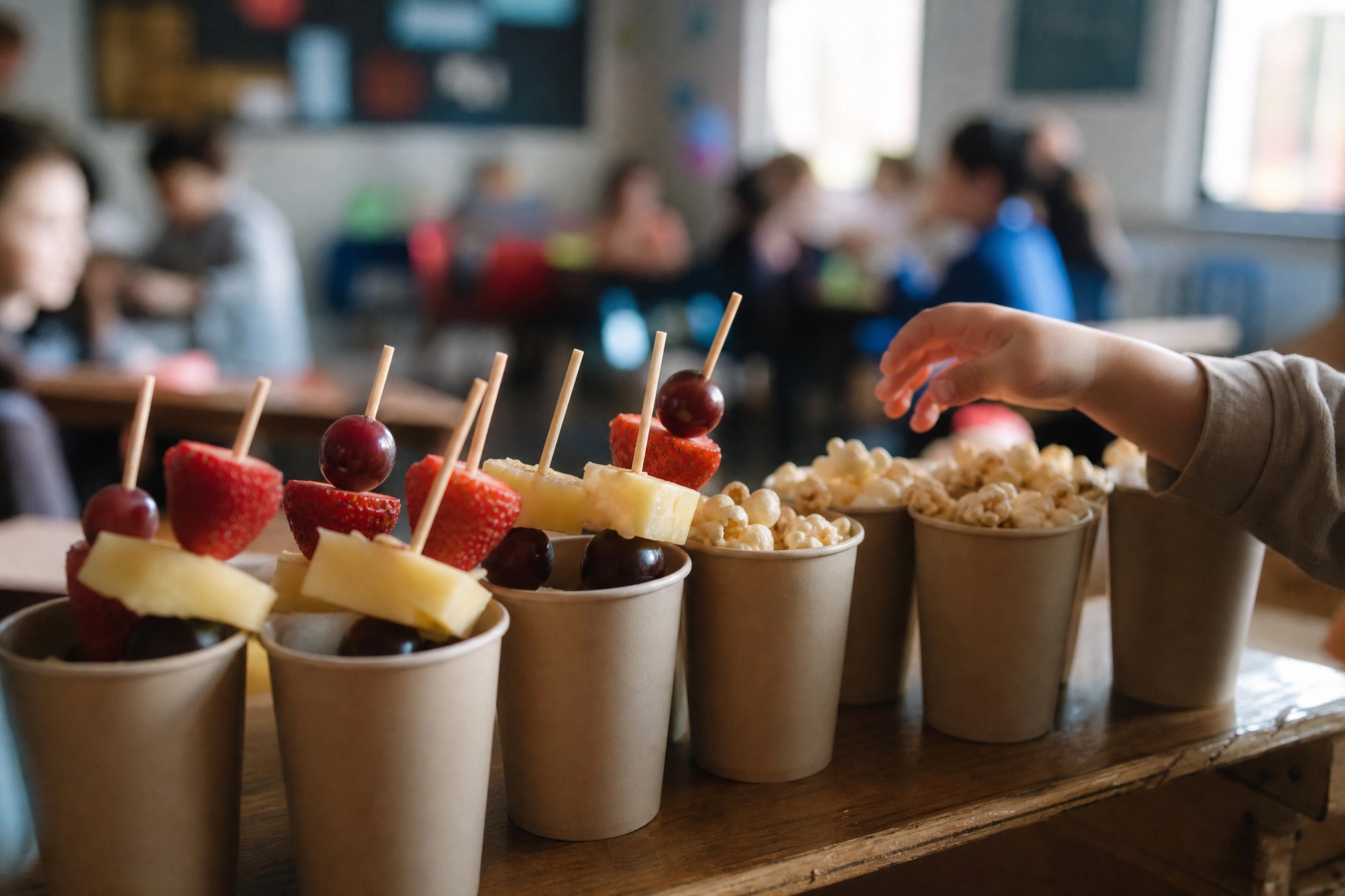 Fruit skewers and popcorn cups arranged as a healthy school birthday treat
