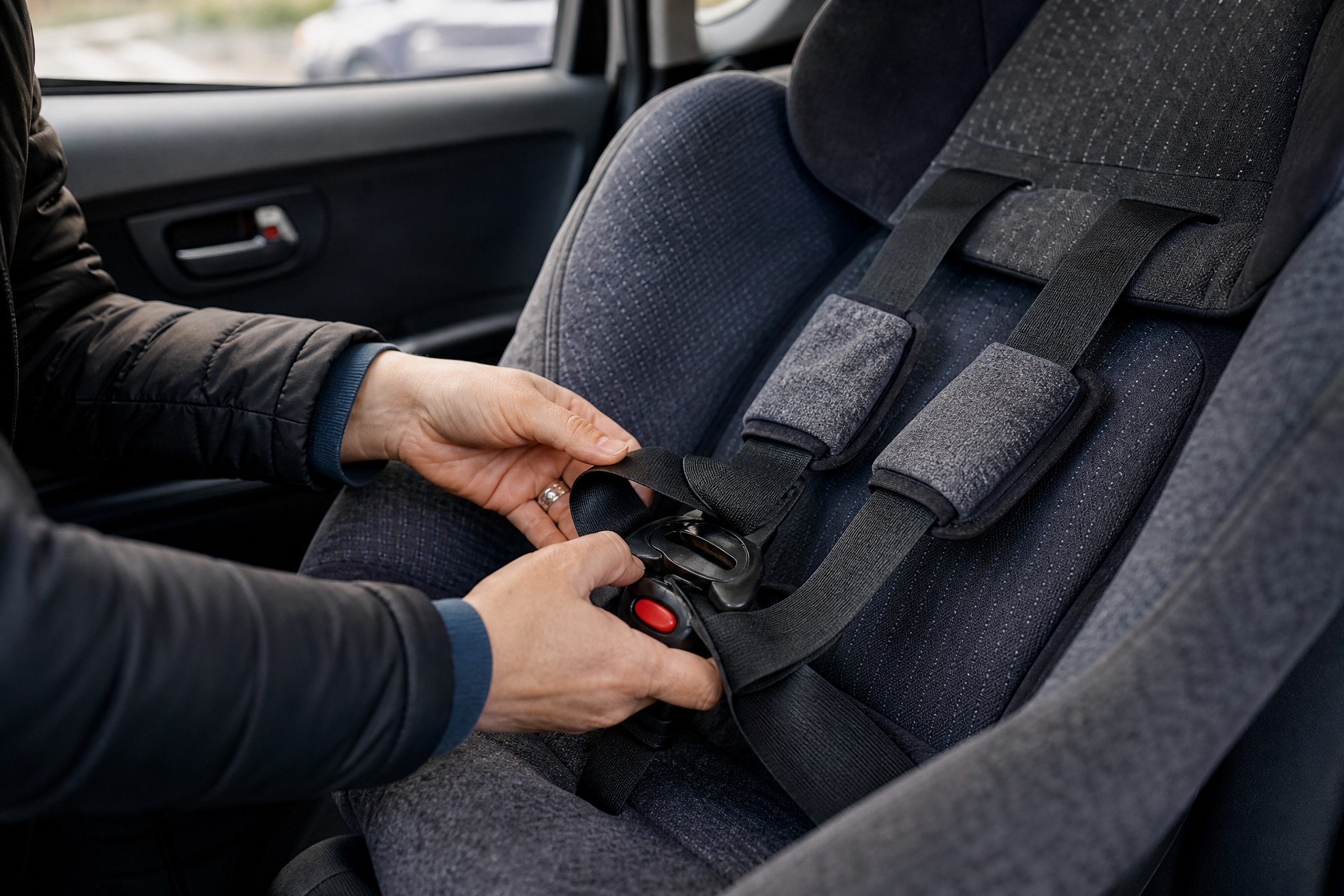 Parent checking the harness straps and buckle of a secondhand car seat
