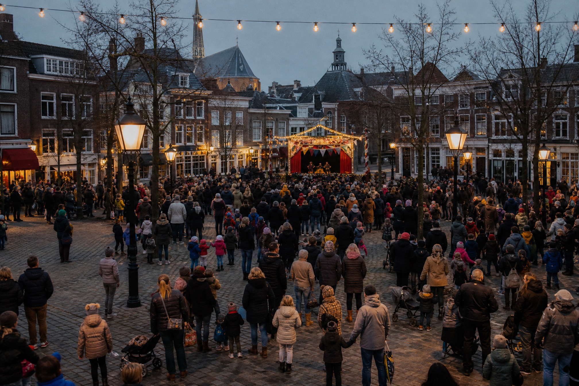 Crowd of families gathered in a Dutch city square for the Sinterklaas arrival parade celebration