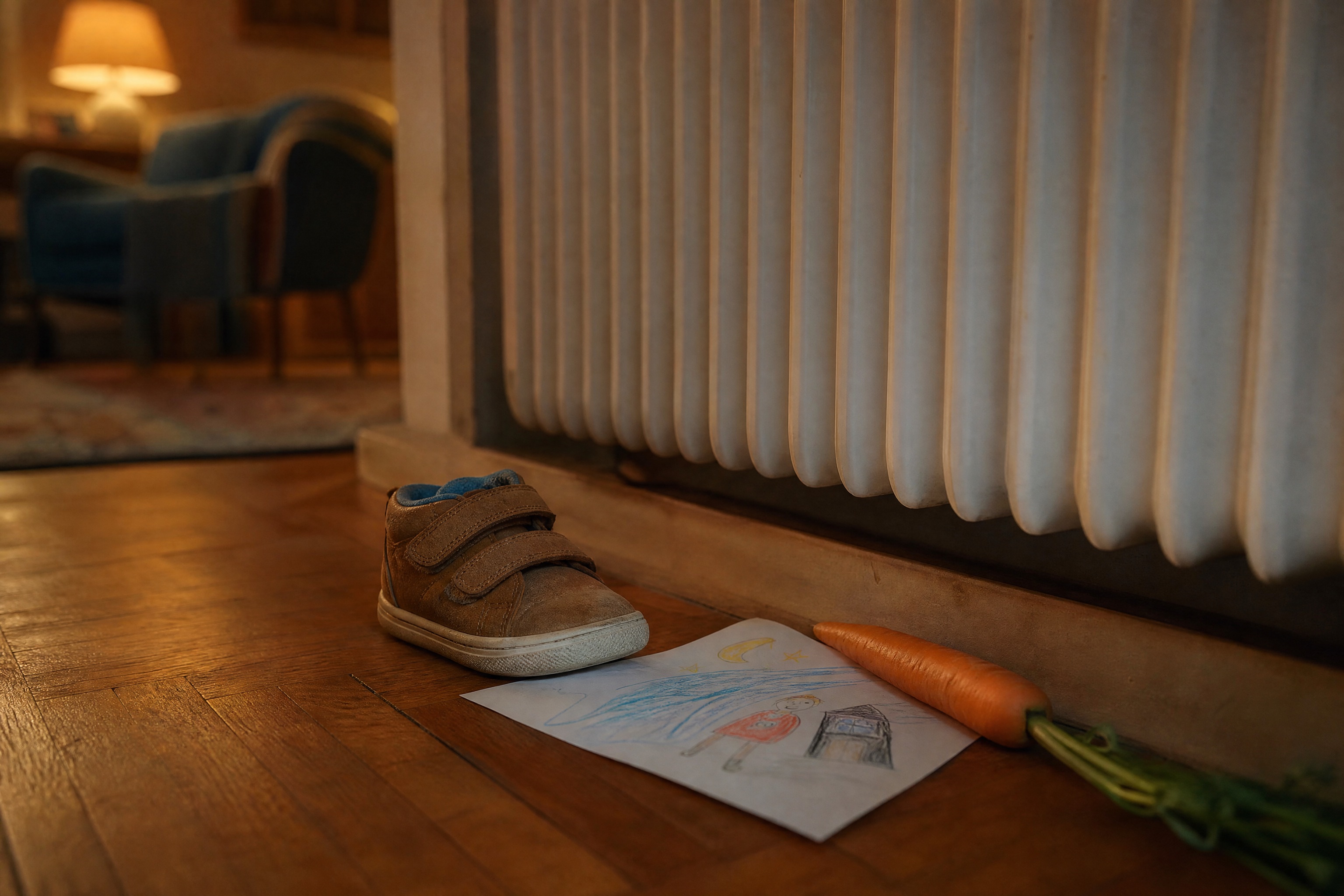 Shoe set out beside a radiator for Sinterklaas with a carrot for the horse