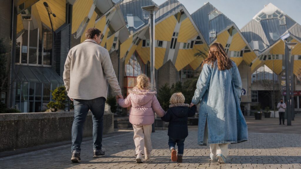 Family exploring things to do with kids in Rotterdam near the Cube Houses