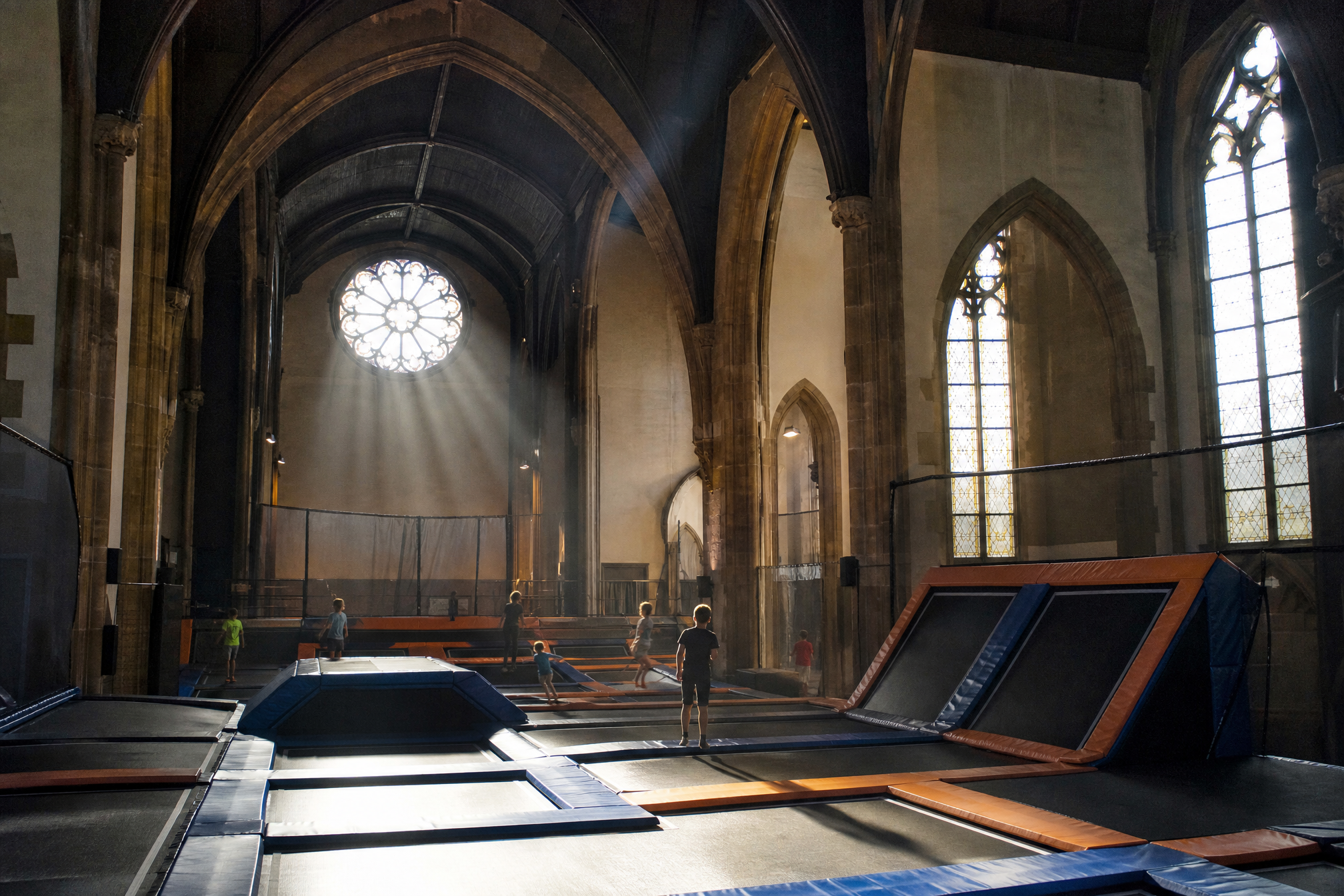 Trampoline park inside a converted church building in the Netherlands
