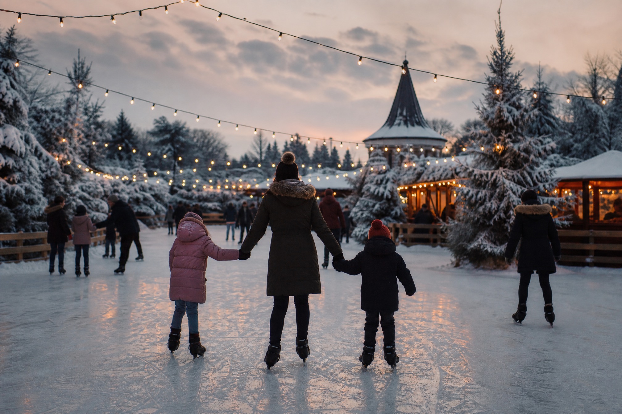 Family ice skating together at a Dutch winter theme park at dusk