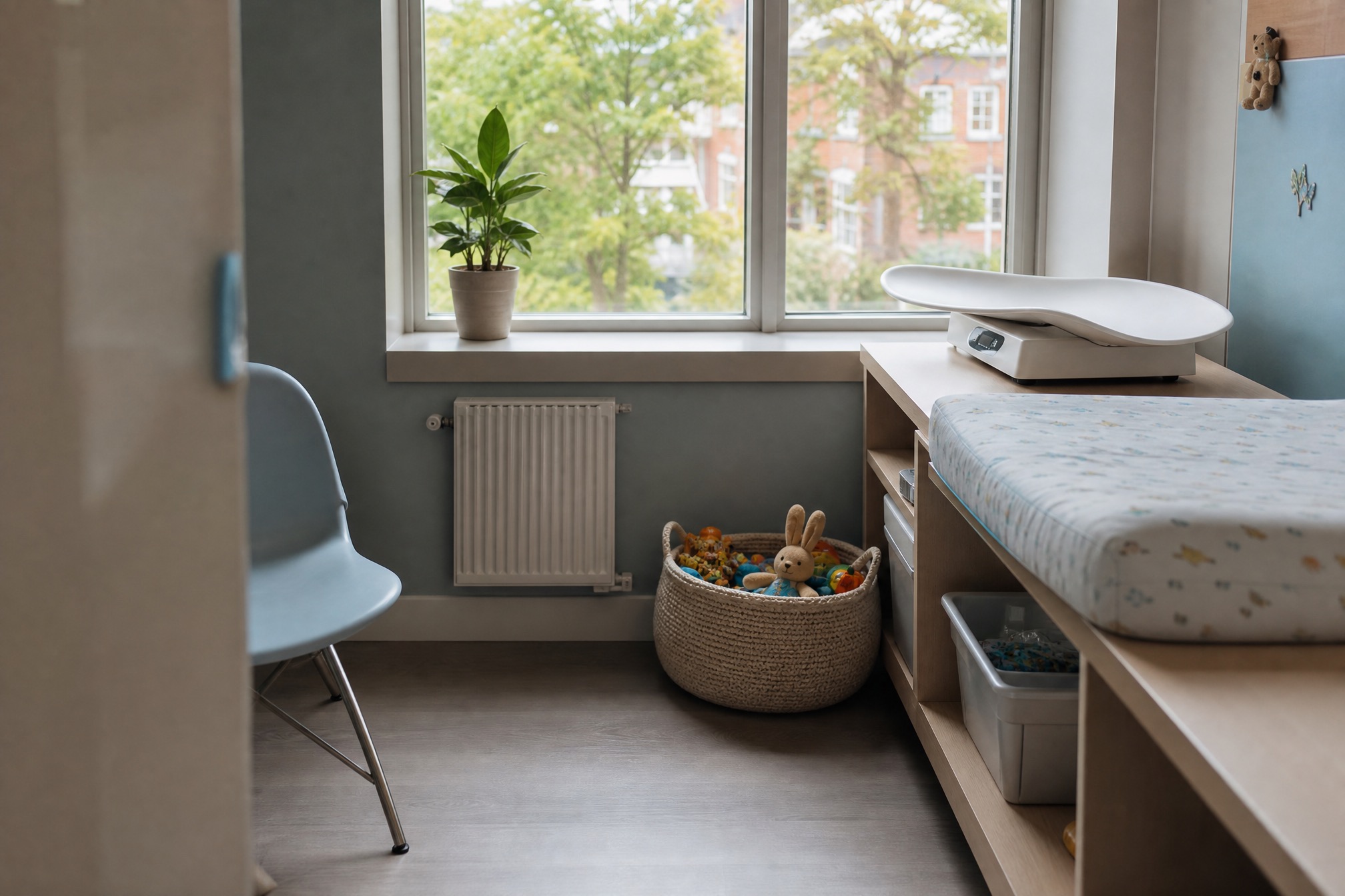 Consultatiebureau child health clinic room with baby scale and toy basket in the Netherlands