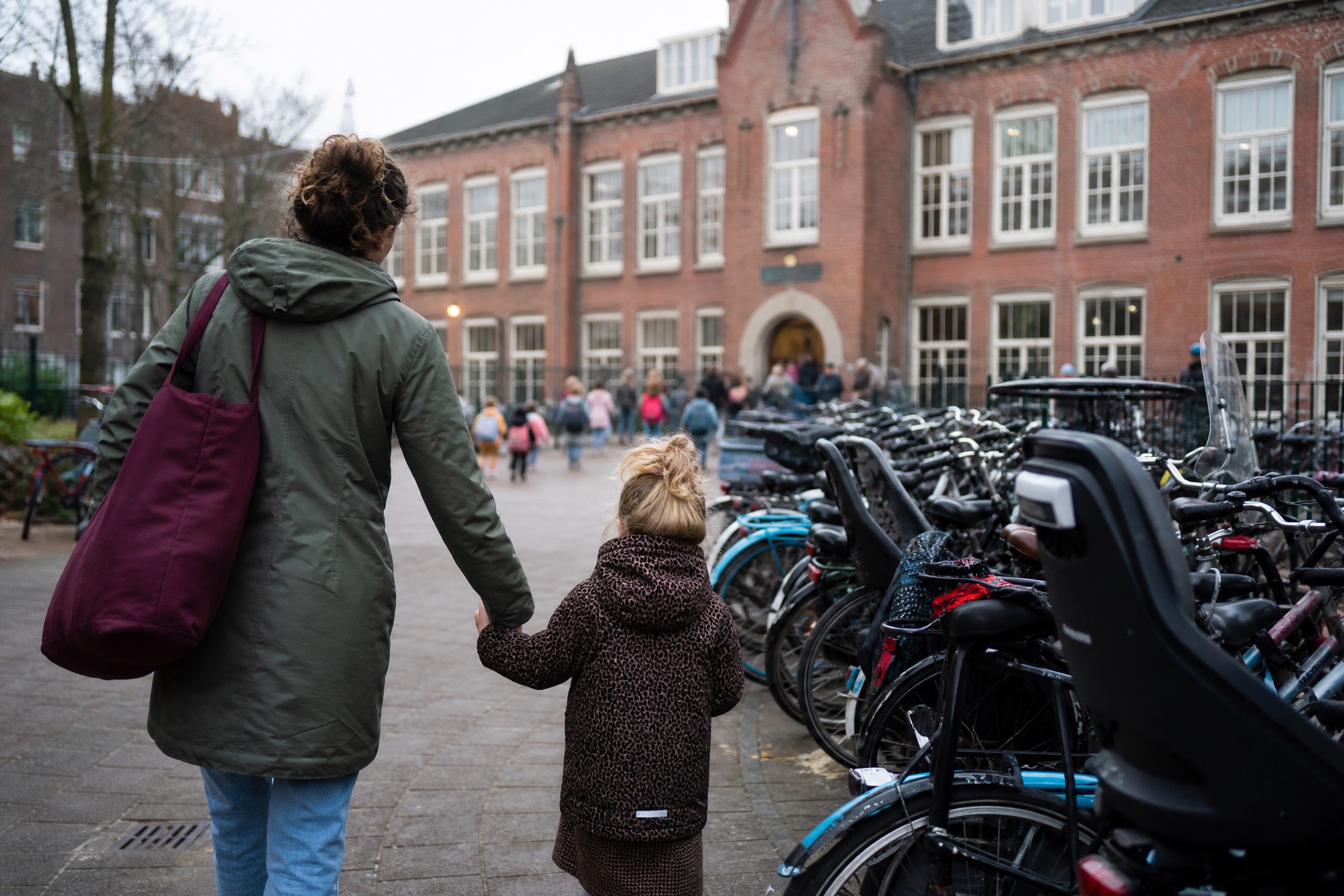 Parent walking child past parked bicycles outside a Dutch primary school, illustrating the shift from daycare to BSO after-school care