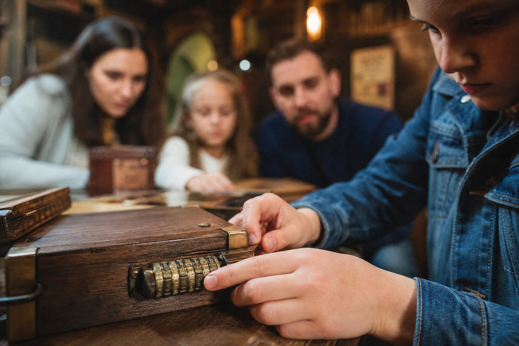 Childs hands solving a combination lock puzzle box in a family escape room