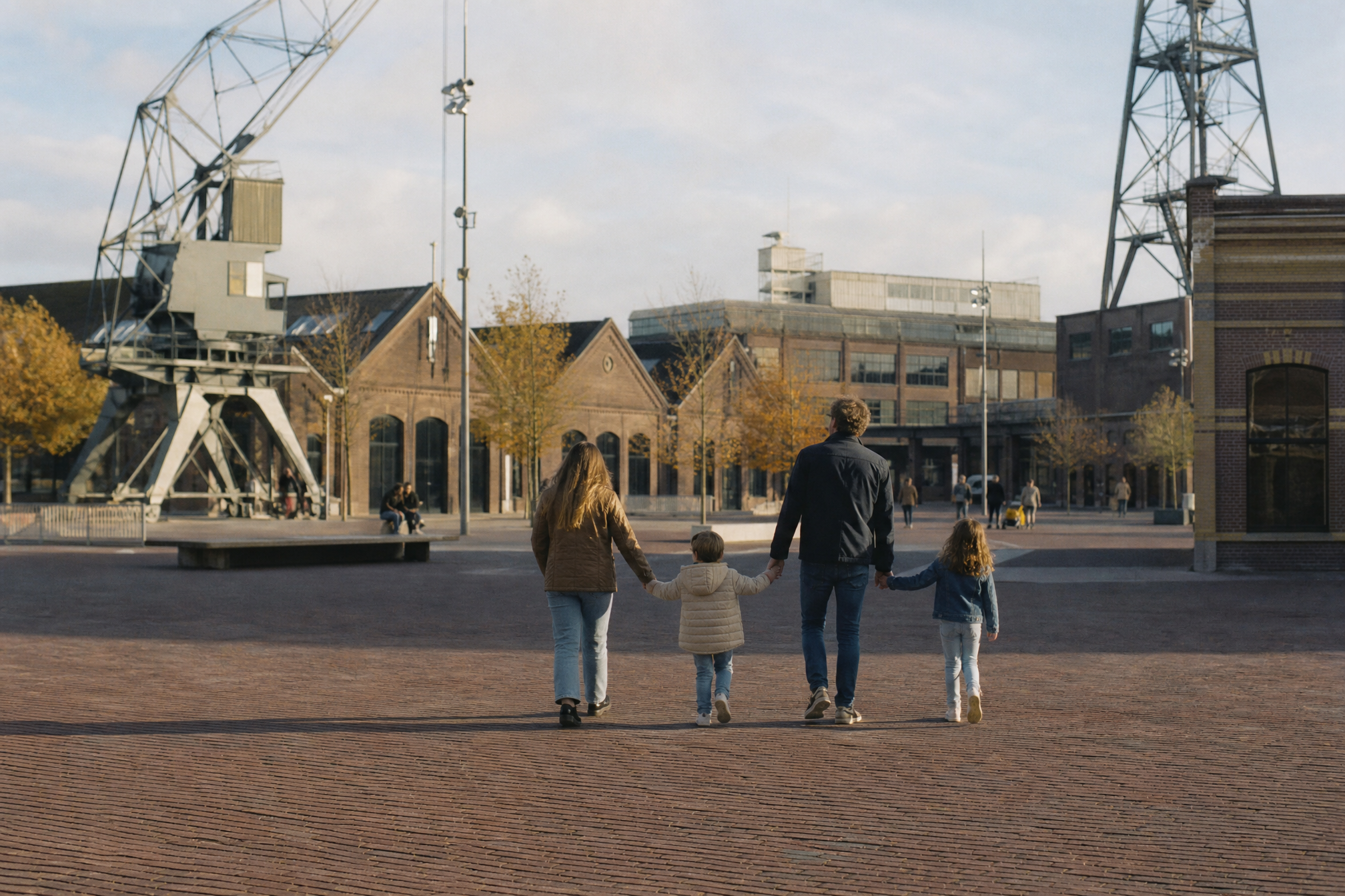 Family walking across the brick square at Strijp-S in Eindhoven with kids