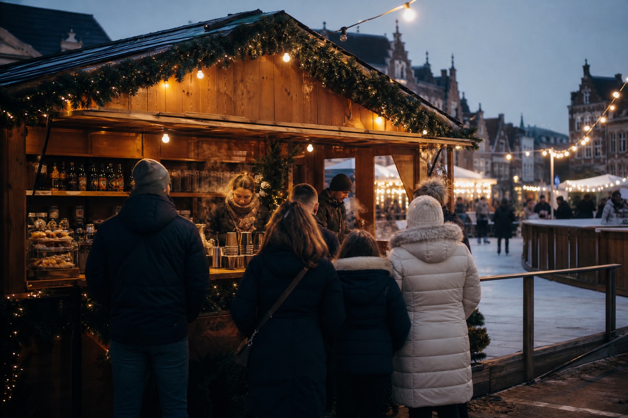 A winter market chalet serving hot chocolate beside the Winter Village Amstelveen ice rink
